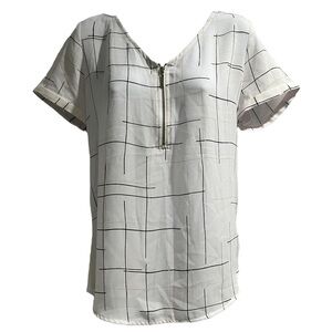 Apt. 9 White Grid Print Zip Front Blouse Size S